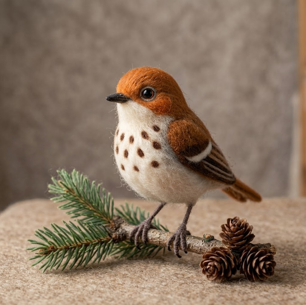 Handmade Wool Felt Spotted Thrush Bird Figurine – Cute Realistic Nature Decor