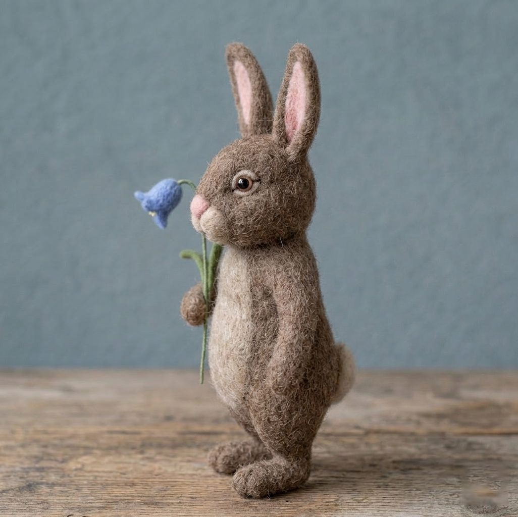Handmade Wool Felt Bunny with Bluebell Flower Figurine – Cute Whimsical Spring Decor
