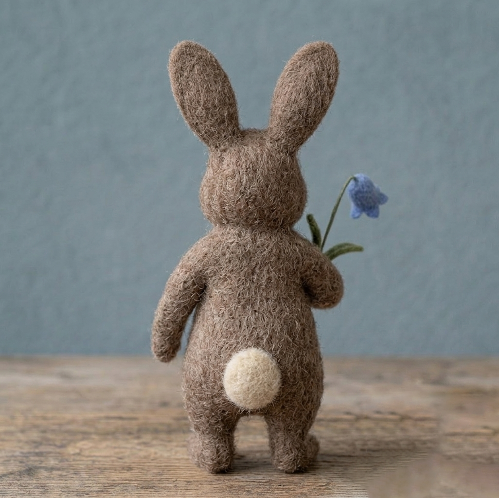 Handmade Wool Felt Bunny with Bluebell Flower Figurine – Cute Whimsical Spring Decor