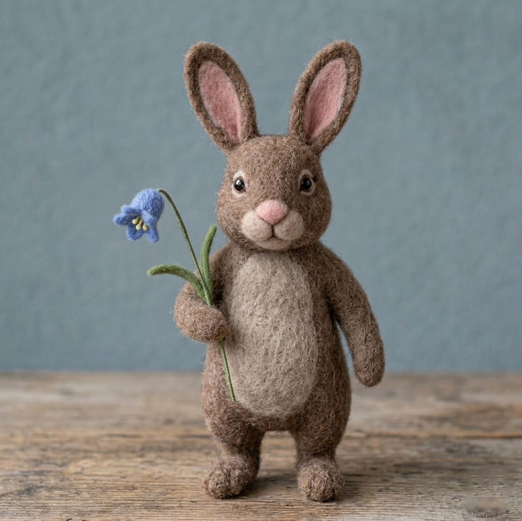 Handmade Wool Felt Bunny with Bluebell Flower Figurine – Cute Whimsical Spring Decor