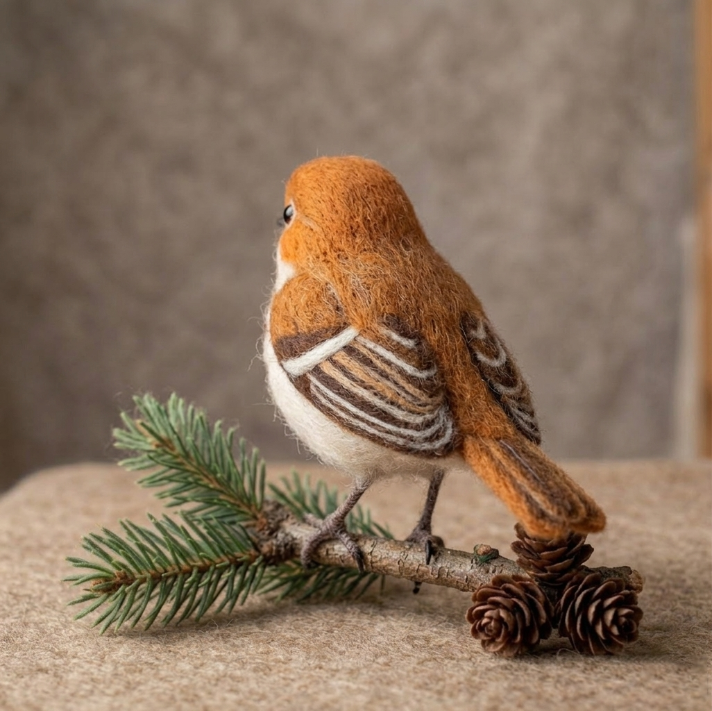 Handmade Wool Felt Spotted Thrush Bird Figurine – Cute Realistic Nature Decor