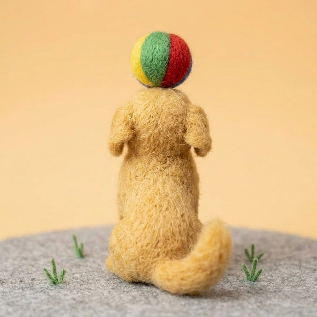 Handmade Wool Felt Golden Retriever Puppy with Ball Figurine – Cute Playful Dog Decor
