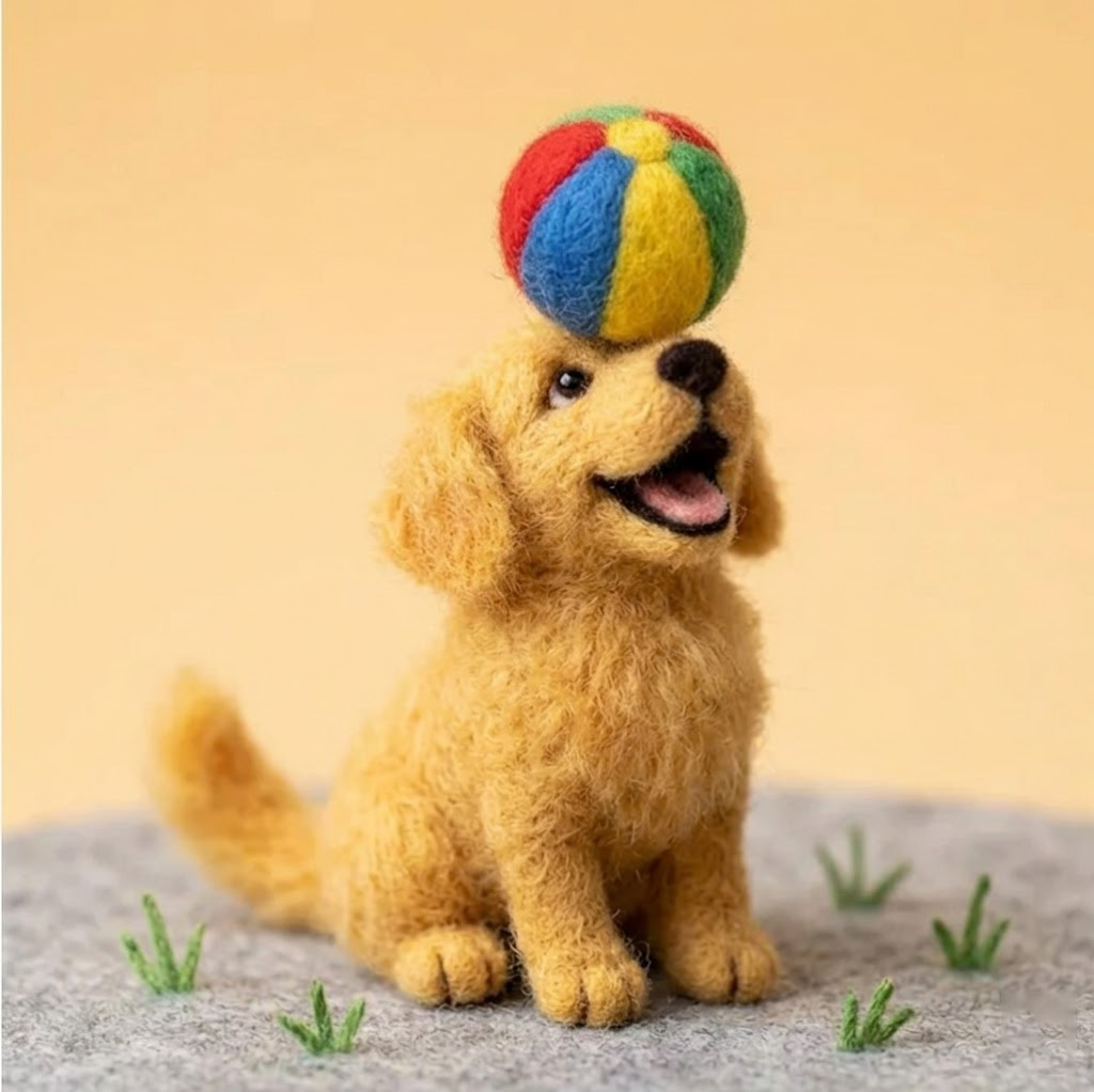 Handmade Wool Felt Golden Retriever Puppy with Ball Figurine – Cute Playful Dog Decor