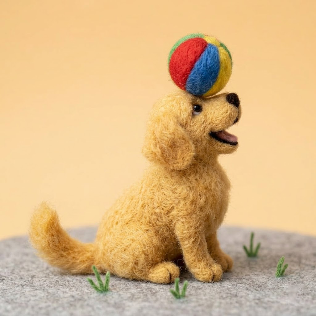 Handmade Wool Felt Golden Retriever Puppy with Ball Figurine – Cute Playful Dog Decor