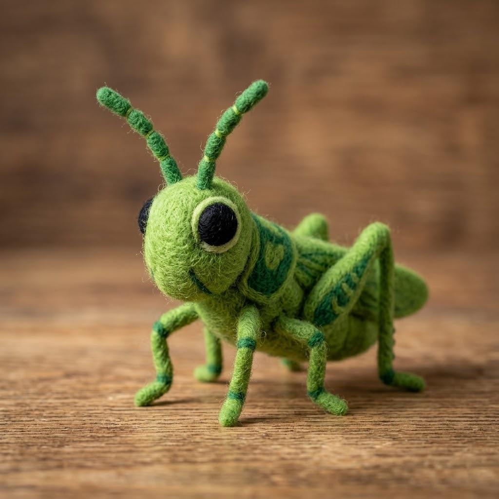 Handmade Wool Felt Green Grasshopper Figurine – Cute Whimsical Insect Decor