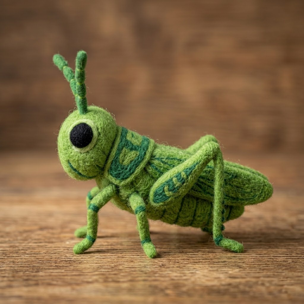Handmade Wool Felt Green Grasshopper Figurine – Cute Whimsical Insect Decor