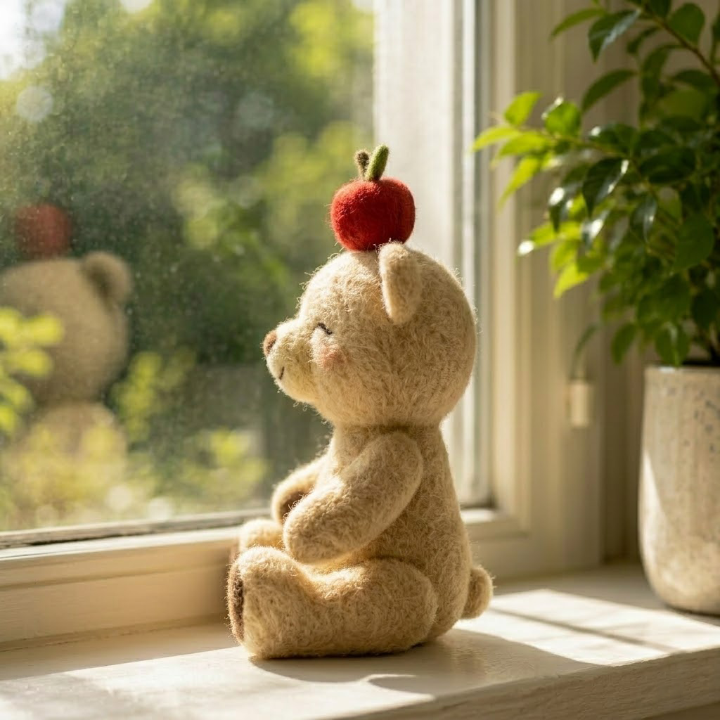 Handmade Wool Felt Teddy Bear with Apple on Head Figurine – Cute Whimsical Cozy Decor