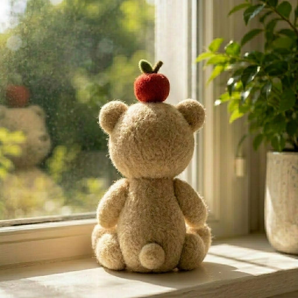 Handmade Wool Felt Teddy Bear with Apple on Head Figurine – Cute Whimsical Cozy Decor