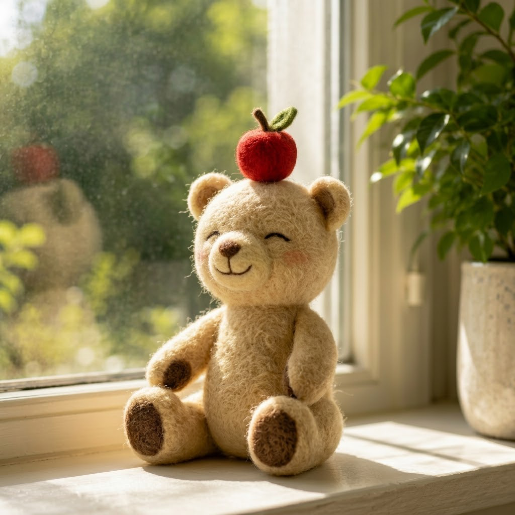 Handmade Wool Felt Teddy Bear with Apple on Head Figurine – Cute Whimsical Cozy Decor
