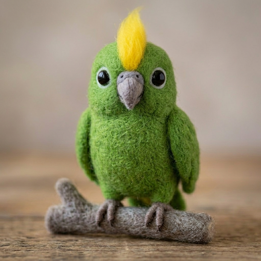Handmade Wool Felt Green Parrot with Yellow Crest Figurine – Cute Whimsical Bird Decor
