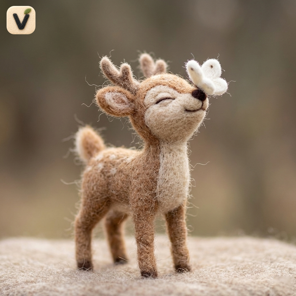 Handmade Wool Felt Fawn with Butterfly Figurine – Cute Whimsical Woodland Decor