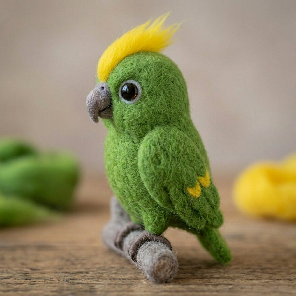 Handmade Wool Felt Green Parrot with Yellow Crest Figurine – Cute Whimsical Bird Decor