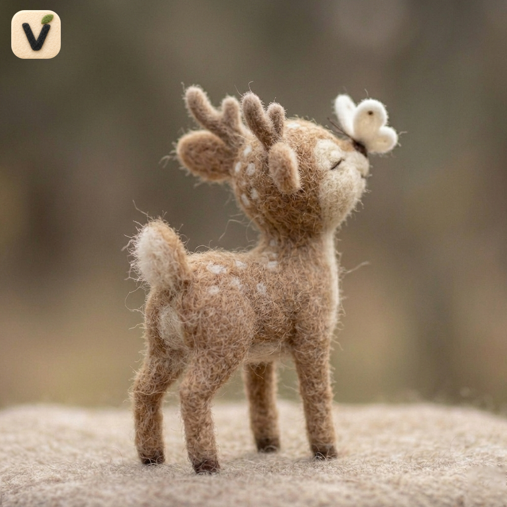 Handmade Wool Felt Fawn with Butterfly Figurine – Cute Whimsical Woodland Decor