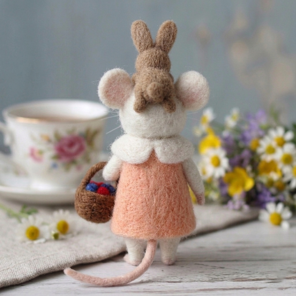 Handmade Wool Felt Mouse with Bunny Friend & Berry Basket Figurine – Cute Whimsical Storybook Decor