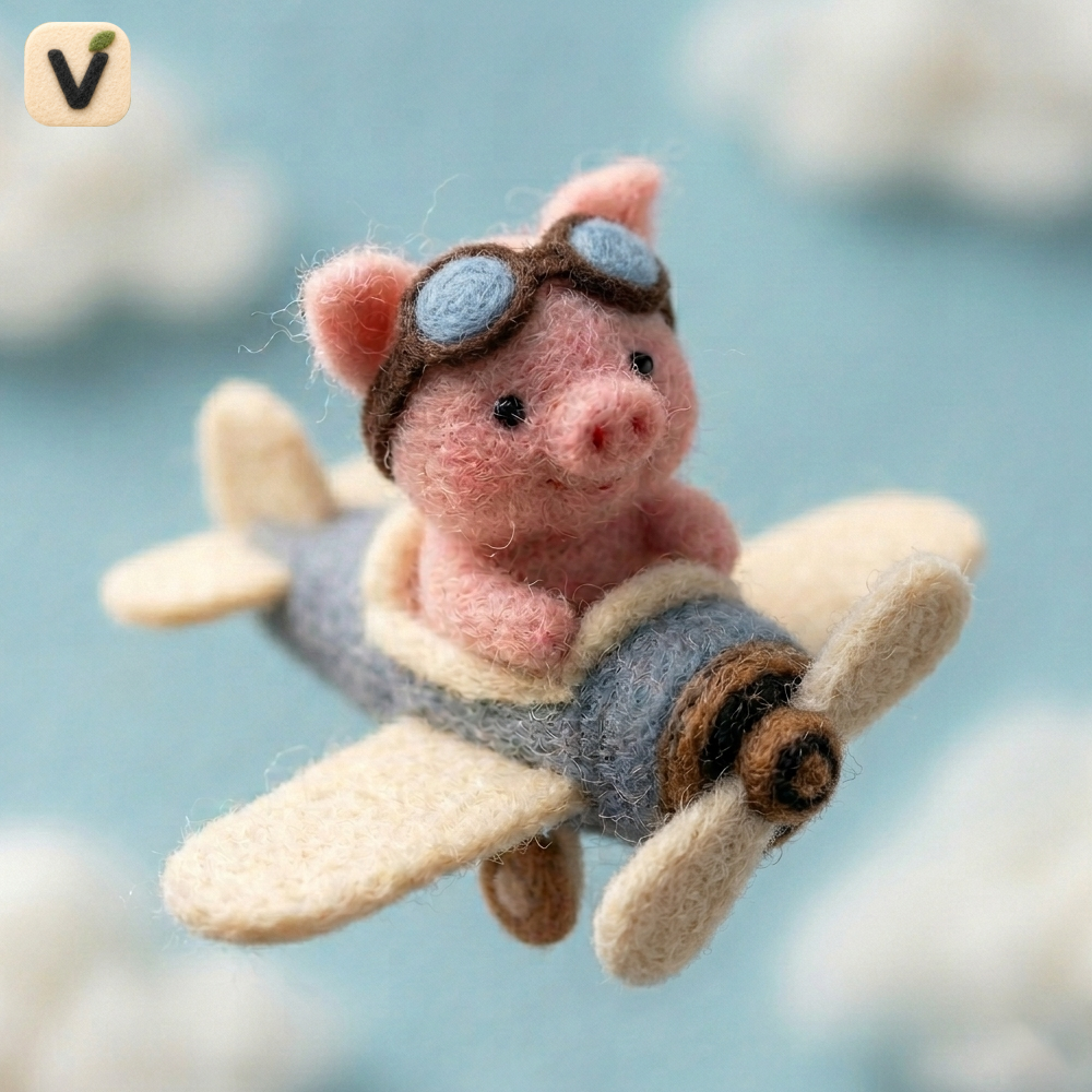 Handmade Wool Felt Pilot Pig in Airplane Figurine – Cute Whimsical Adventure Decor