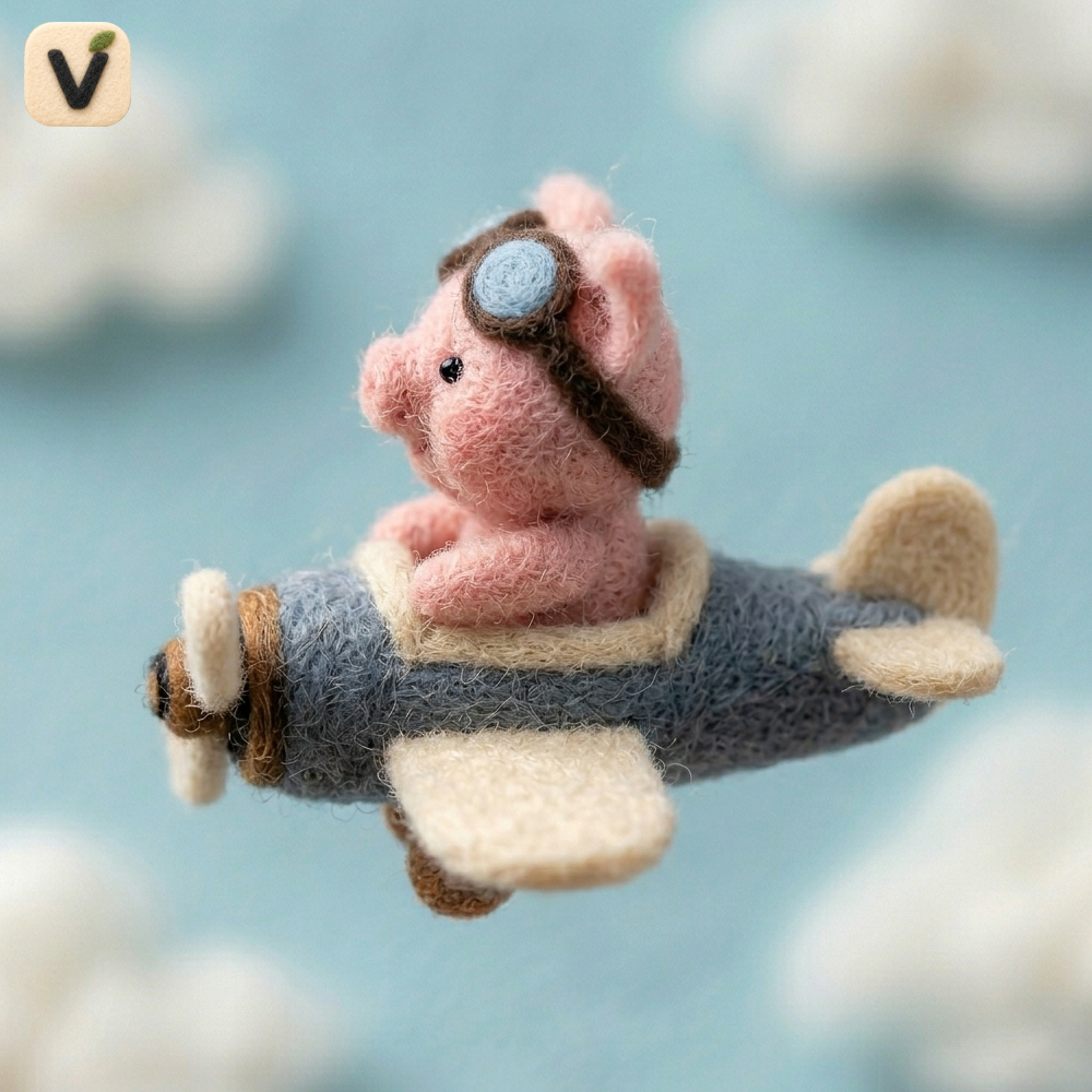 Handmade Wool Felt Pilot Pig in Airplane Figurine – Cute Whimsical Adventure Decor