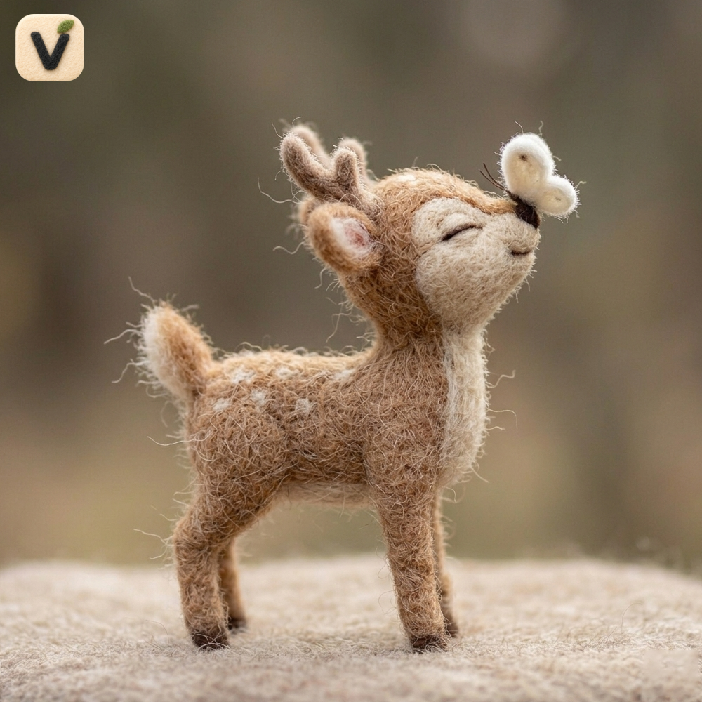 Handmade Wool Felt Fawn with Butterfly Figurine – Cute Whimsical Woodland Decor