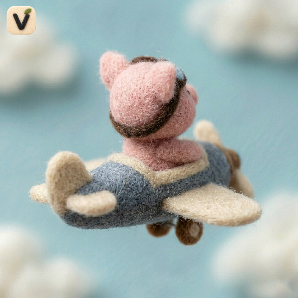 Handmade Wool Felt Pilot Pig in Airplane Figurine – Cute Whimsical Adventure Decor