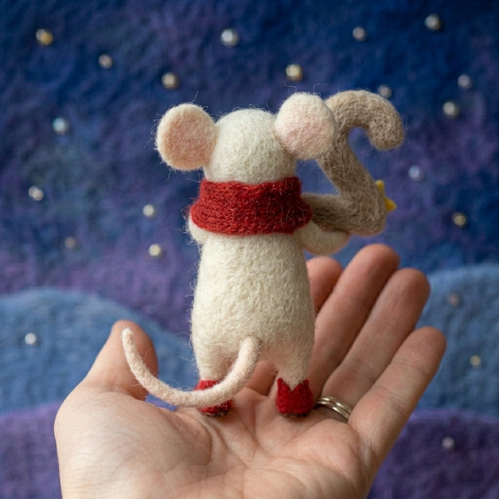 Handmade Wool Felt White Mouse with Candy Cane Figurine – Cute Festive Holiday Decor