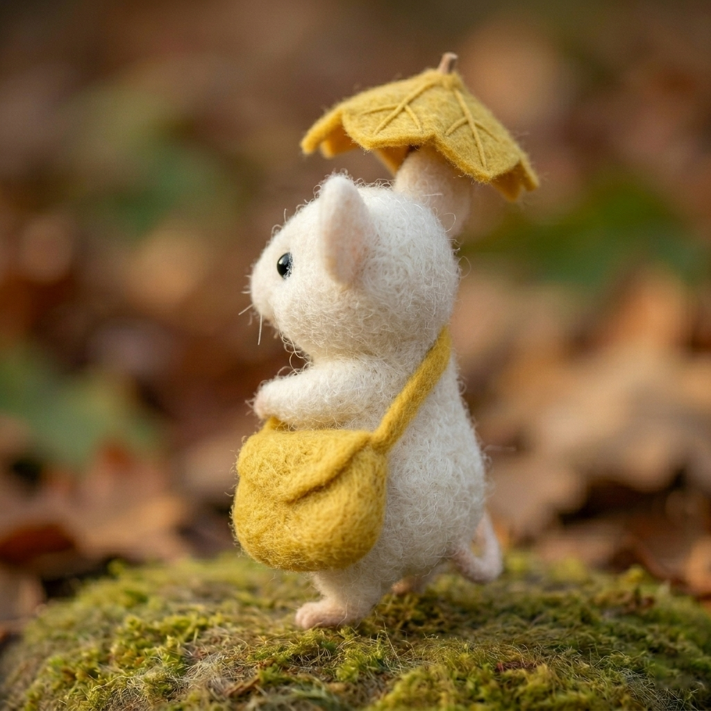 Handmade Wool Felt White Mouse with Leaf Umbrella & Bag Figurine – Cute Whimsical Autumn Decor