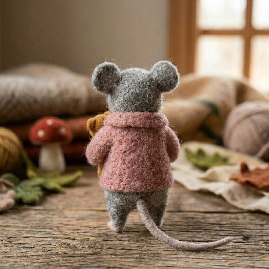 Handmade Wool Felt Mouse with Teddy Bear Figurine – Cute Whimsical Cozy Decor