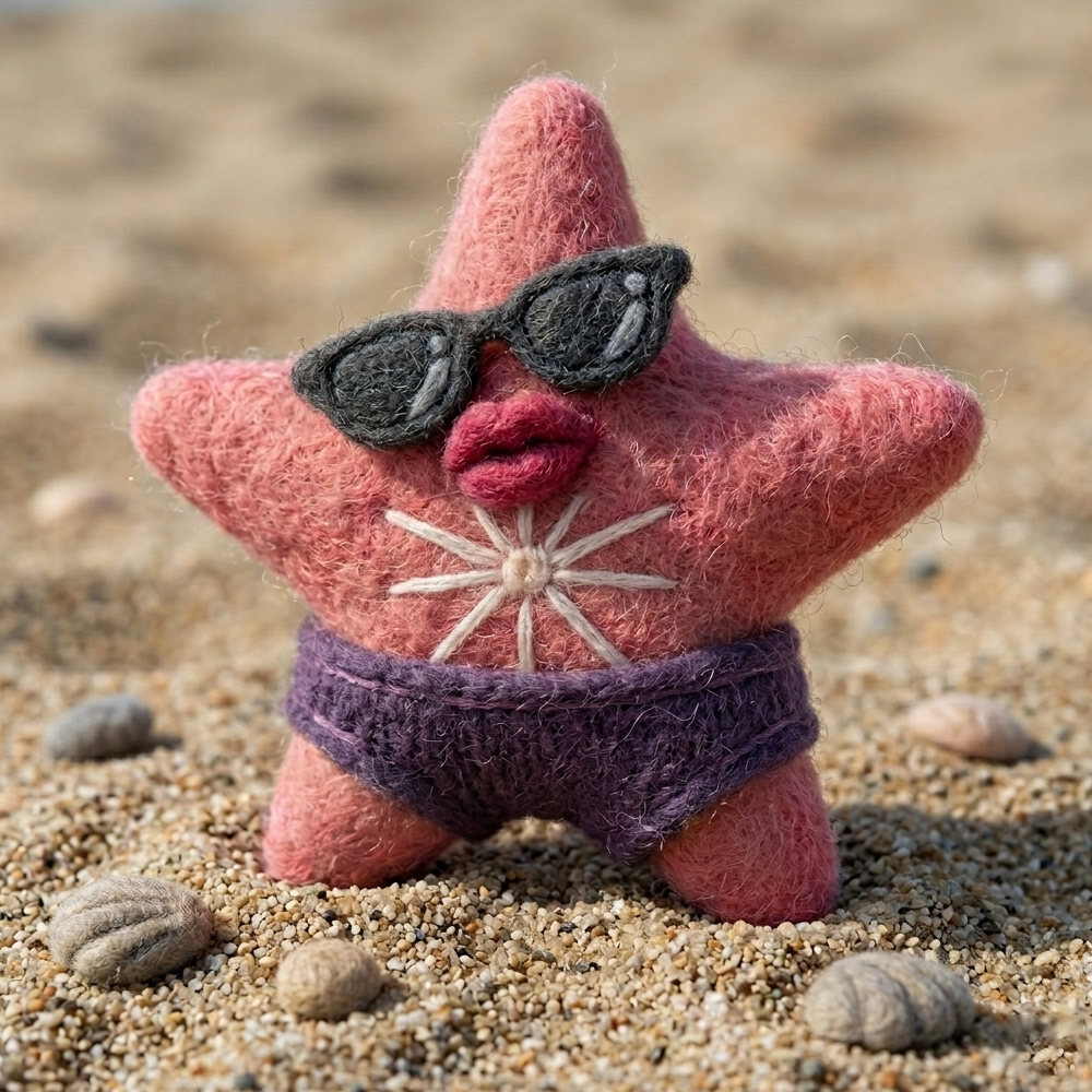Handmade Wool Felt Cool Starfish in Sunglasses Figurine – Cute Whimsical Beach Decor