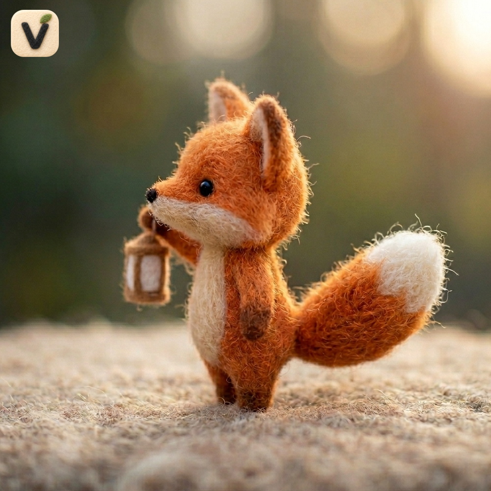Handmade Wool Felt Fox with Lantern Figurine – Cute Whimsical Woodland Night Decor