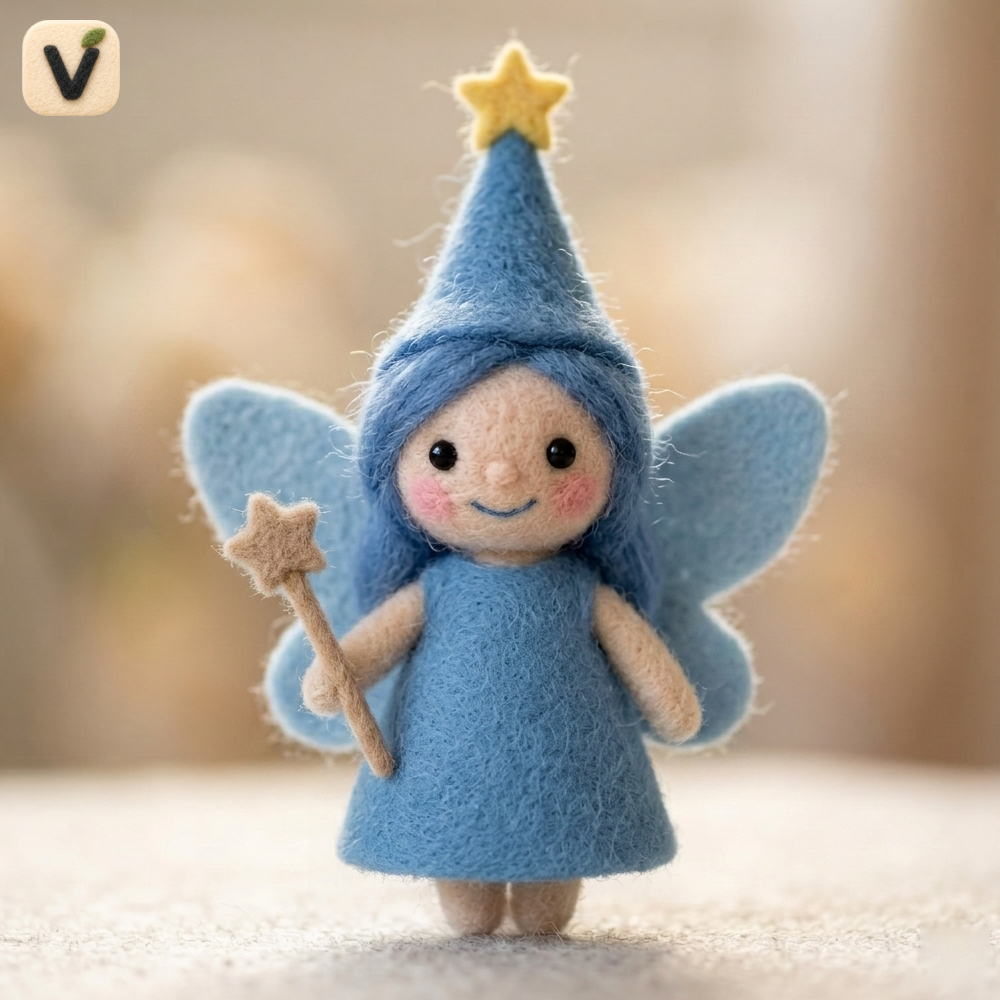 Handmade Wool Felt Blue Fairy with Wand Figurine – Cute Whimsical Magical Decor
