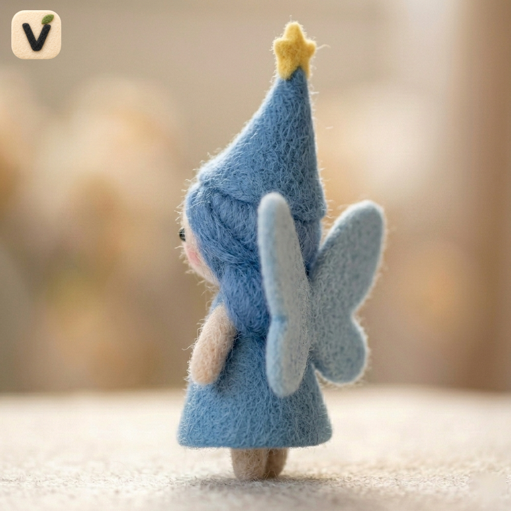 Handmade Wool Felt Blue Fairy with Wand Figurine – Cute Whimsical Magical Decor