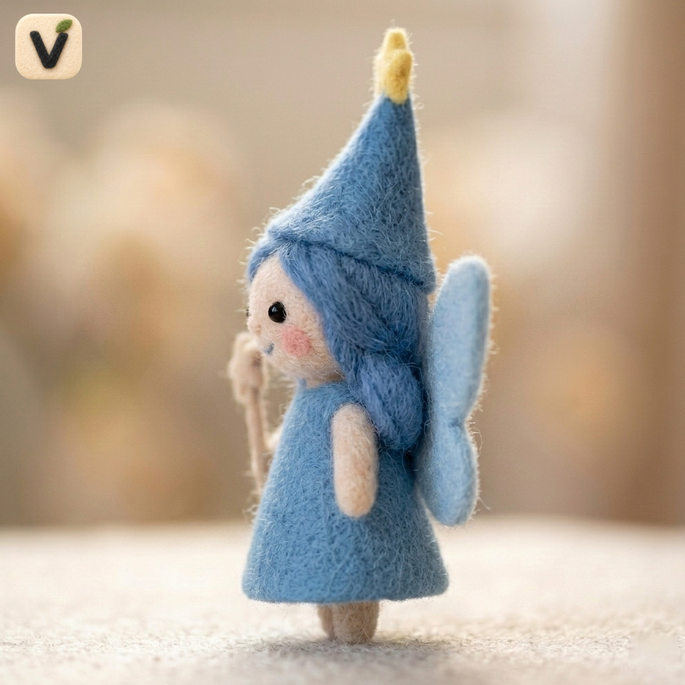 Handmade Wool Felt Blue Fairy with Wand Figurine – Cute Whimsical Magical Decor
