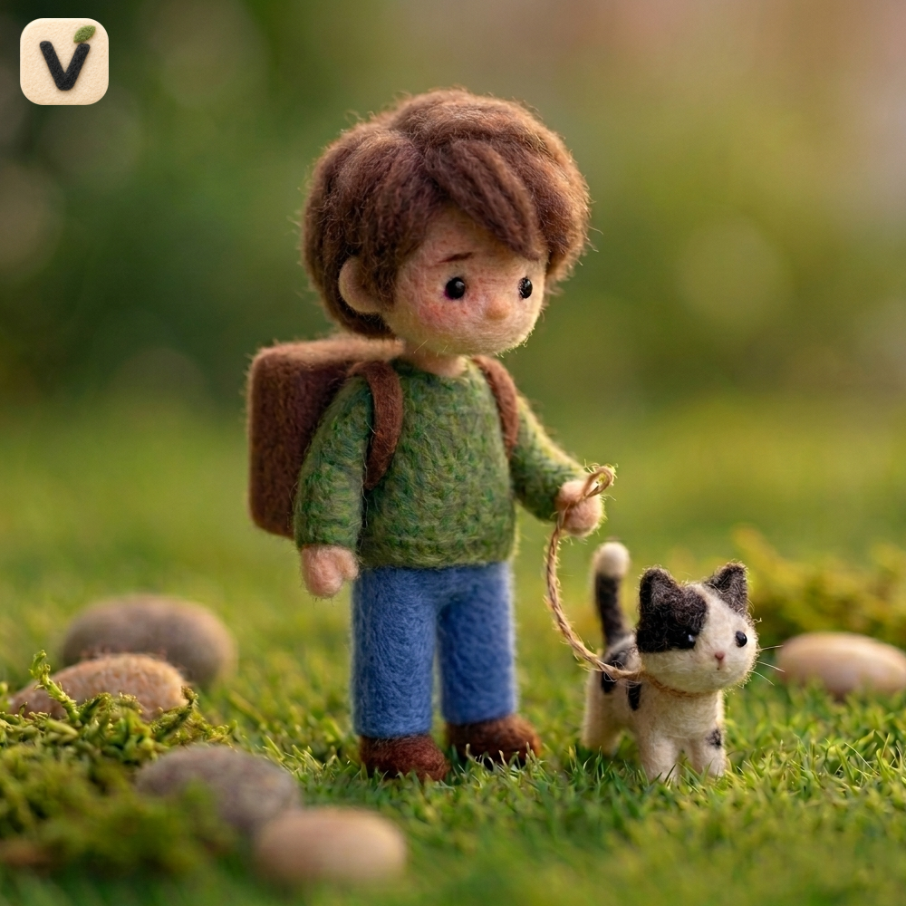 Handmade Wool Felt Boy with Backpack Walking Cat Figurine – Cute Whimsical Storybook Decor