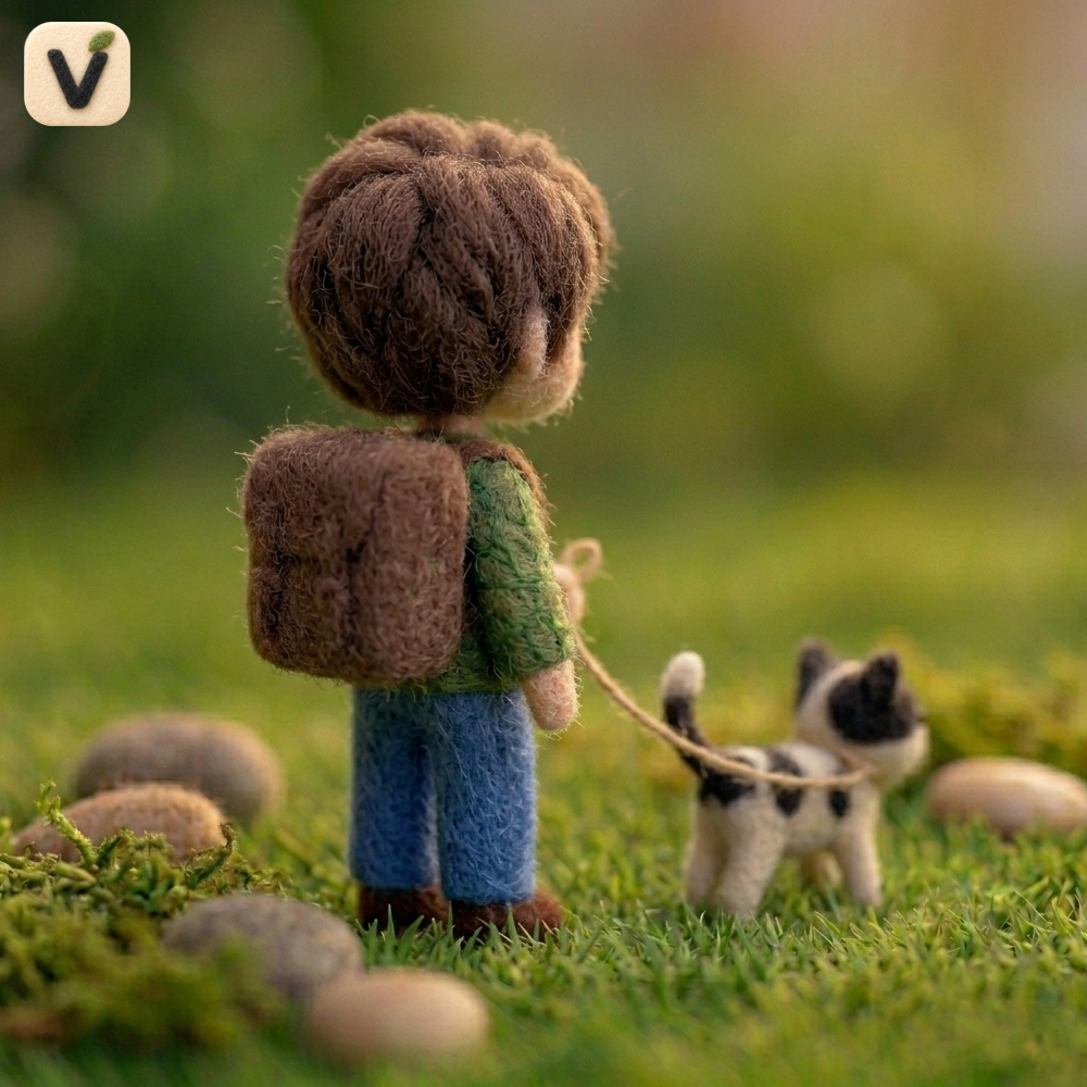Handmade Wool Felt Boy with Backpack Walking Cat Figurine – Cute Whimsical Storybook Decor