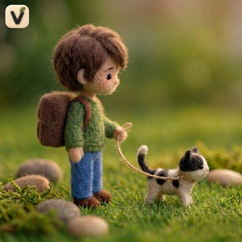 Handmade Wool Felt Boy with Backpack Walking Cat Figurine – Cute Whimsical Storybook Decor