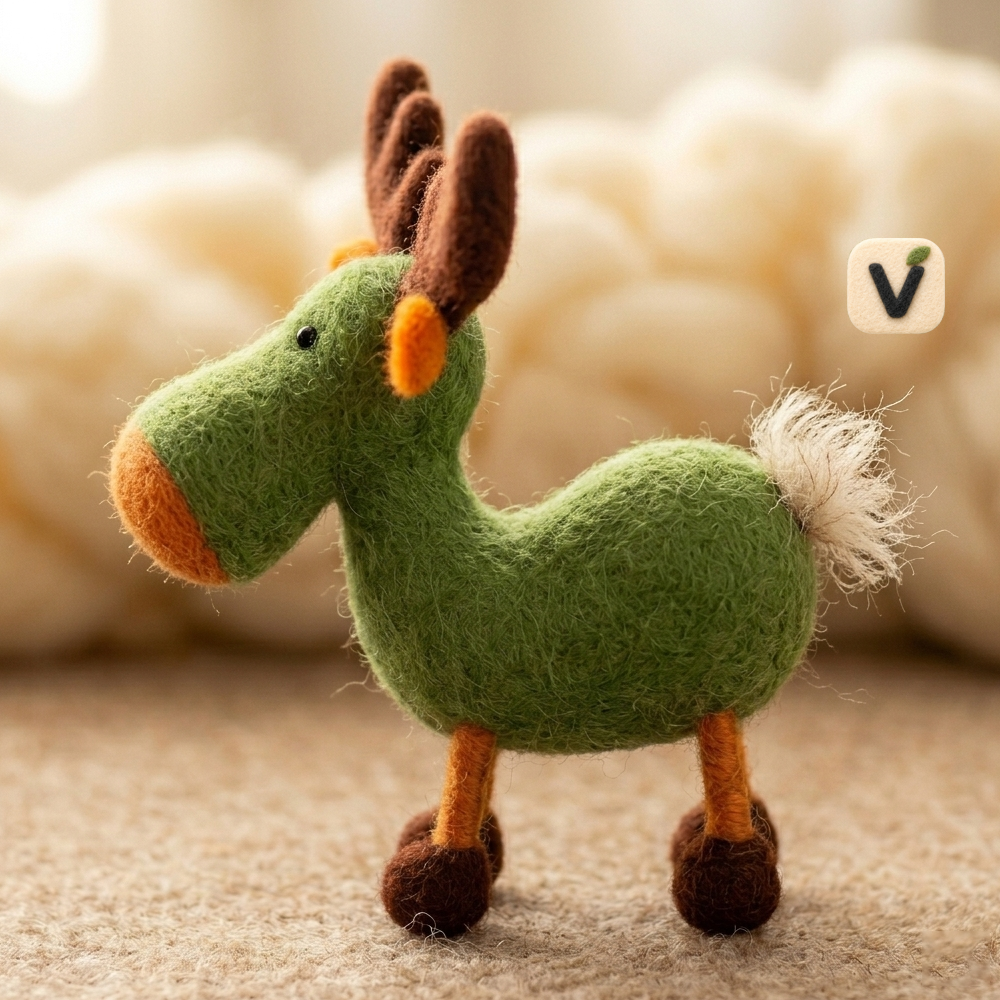Handmade Wool Felt Green Reindeer Figurine – Cute Whimsical Holiday Decor