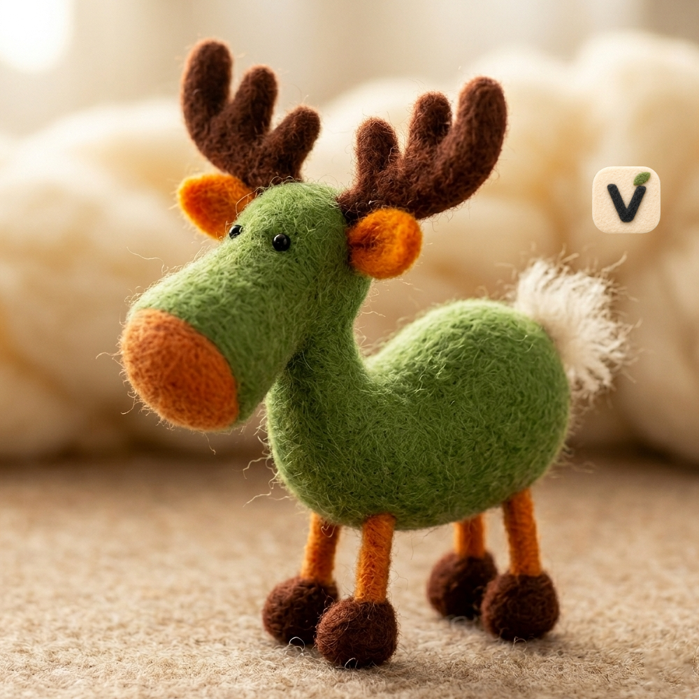 Handmade Wool Felt Green Reindeer Figurine – Cute Whimsical Holiday Decor