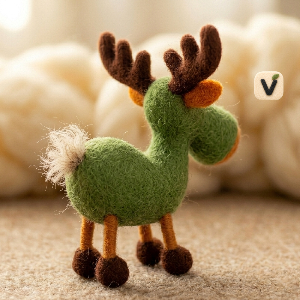 Handmade Wool Felt Green Reindeer Figurine – Cute Whimsical Holiday Decor