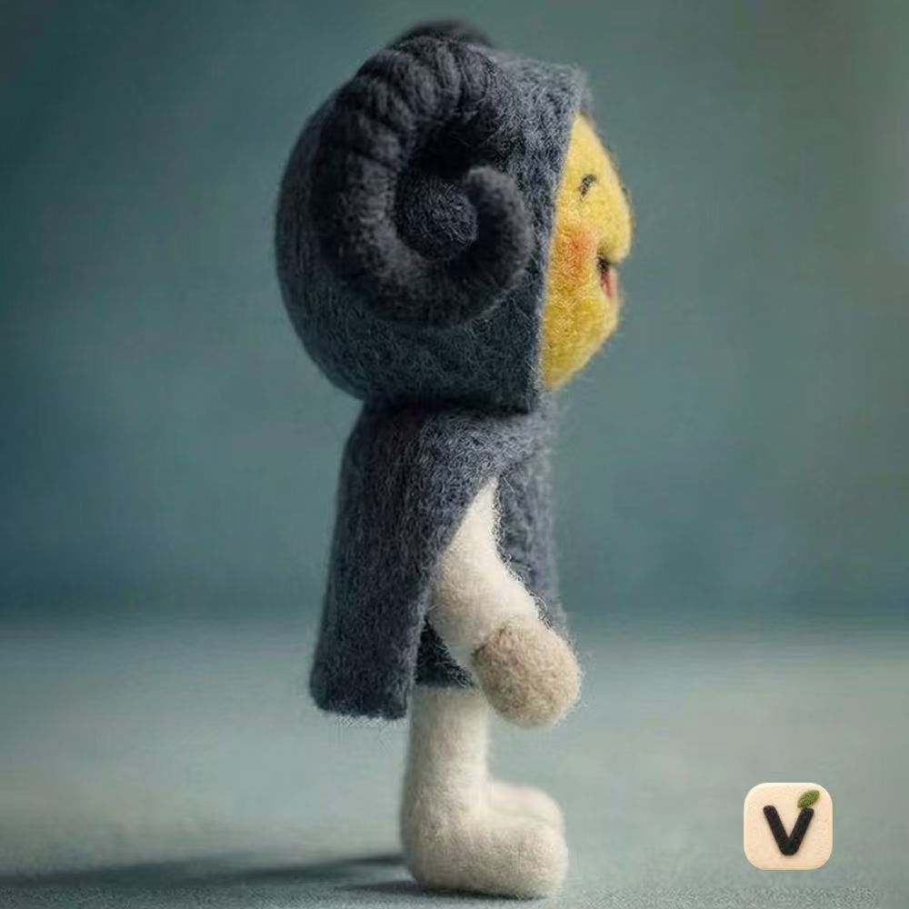 Handmade Wool Felt Happy Ram Horned Character Figurine – Whimsical Smiling Hooded Decor