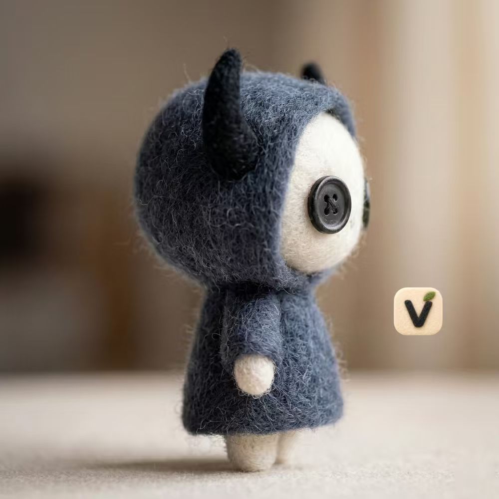 Handmade Wool Felt Cute Horned Creature Figurine – Whimsical Dark Blue Hooded Decor