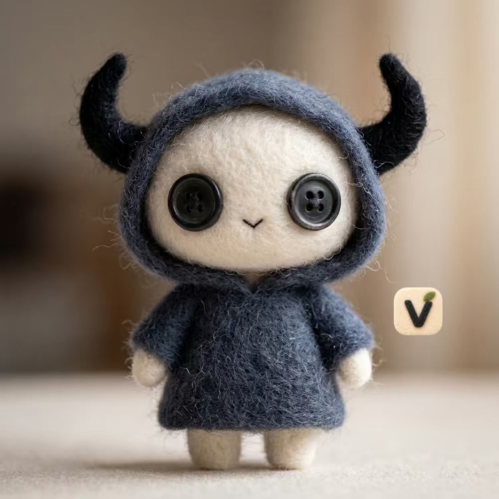 Handmade Wool Felt Cute Horned Creature Figurine – Whimsical Dark Blue Hooded Decor