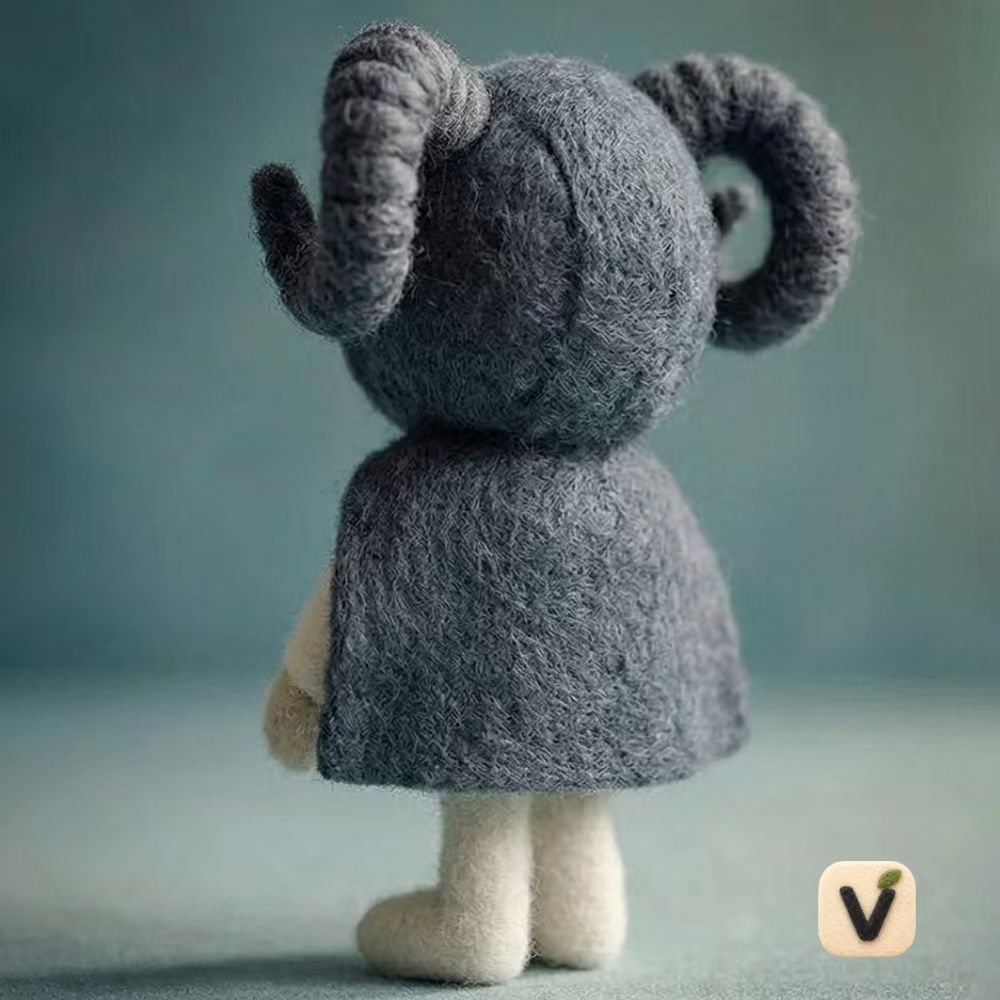 Handmade Wool Felt Happy Ram Horned Character Figurine – Whimsical Smiling Hooded Decor