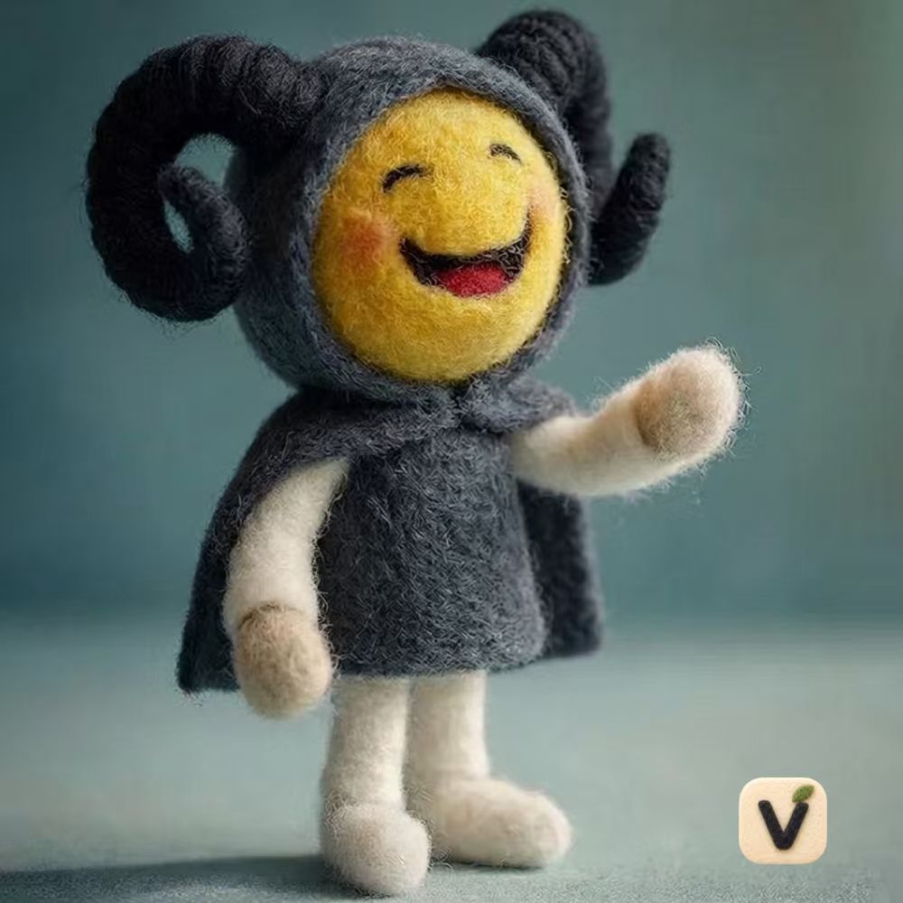 Handmade Wool Felt Happy Ram Horned Character Figurine – Whimsical Smiling Hooded Decor