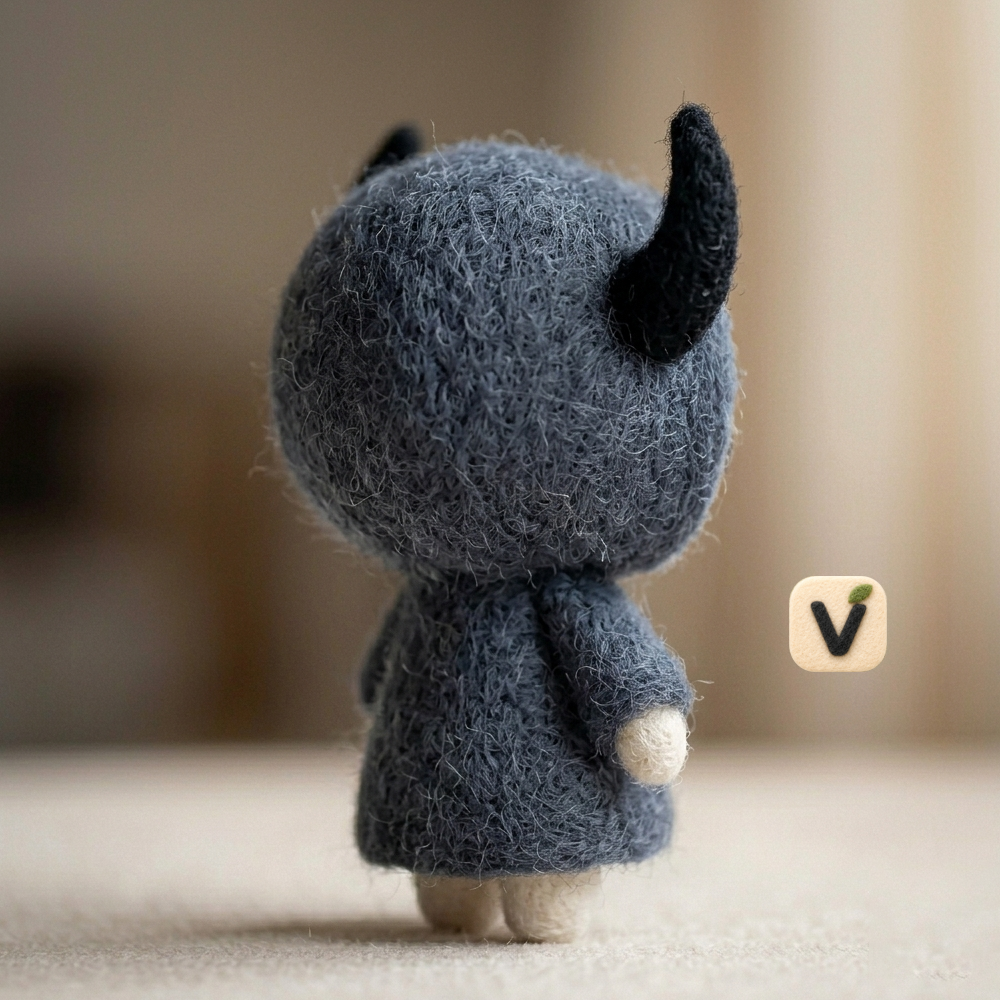 Handmade Wool Felt Cute Horned Creature Figurine – Whimsical Dark Blue Hooded Decor