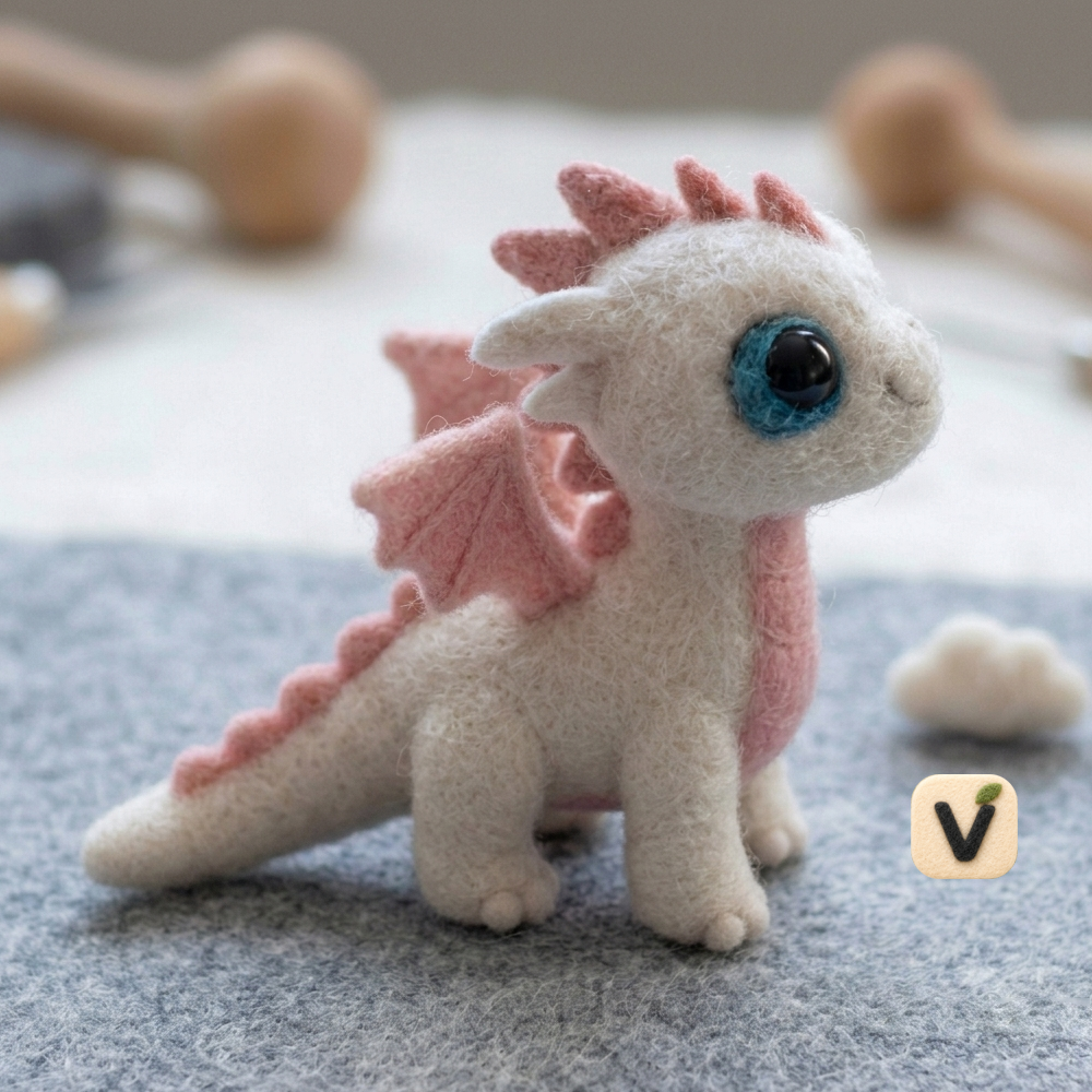 Handmade Wool Felt Cute White & Pink Baby Dragon Figurine – Whimsical Fantasy Decor