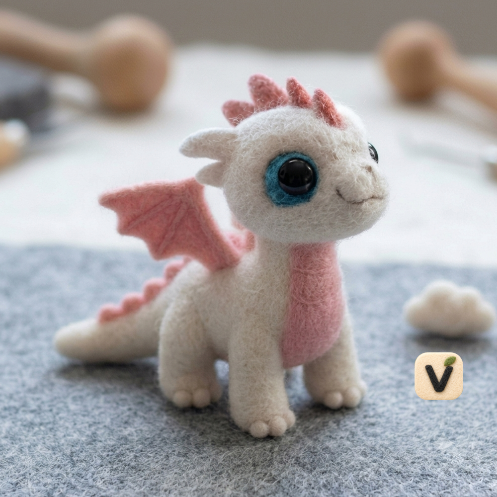 Handmade Wool Felt Cute White & Pink Baby Dragon Figurine – Whimsical Fantasy Decor