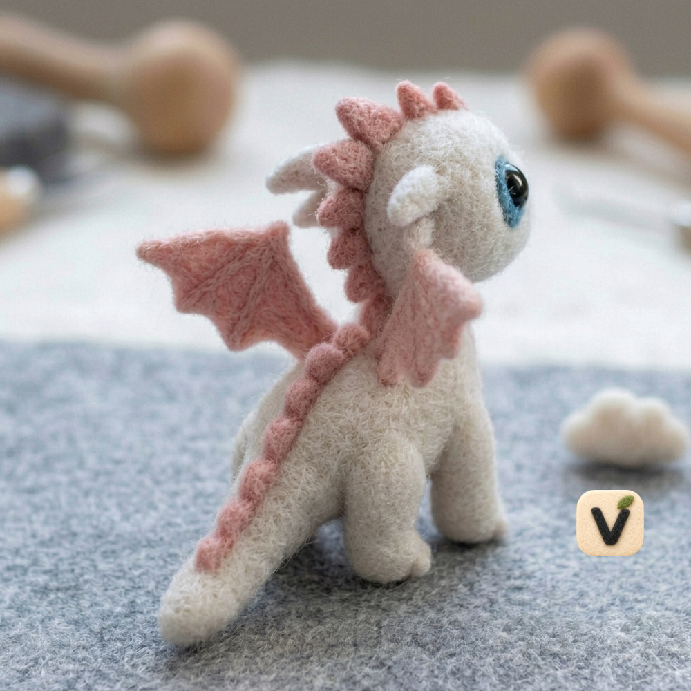 Handmade Wool Felt Cute White & Pink Baby Dragon Figurine – Whimsical Fantasy Decor