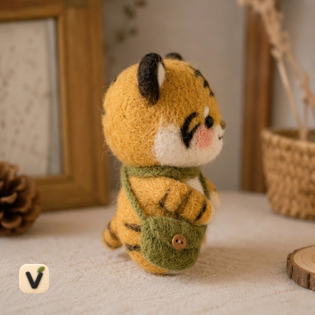 Handmade Wool Felt Tiger Figurine with Crossbody Bag – Cute Desk Companion & Encouragement Gift