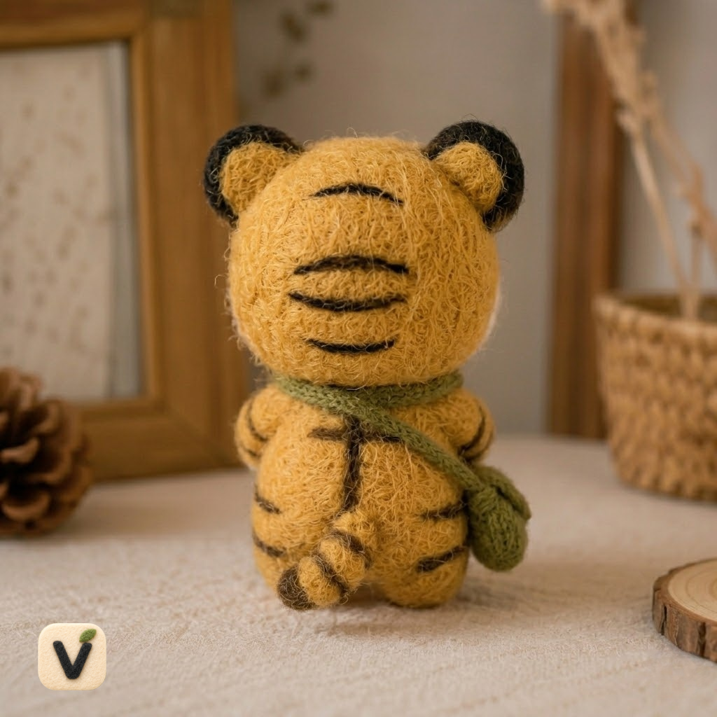 Handmade Wool Felt Tiger Figurine with Crossbody Bag – Cute Desk Companion & Encouragement Gift