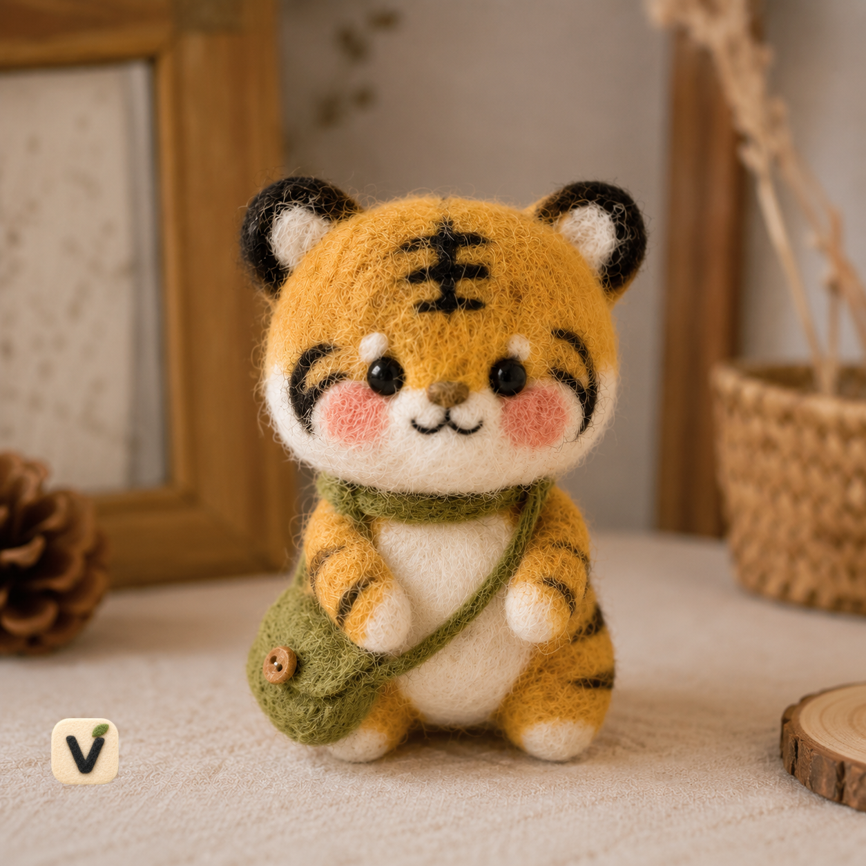 Handmade Wool Felt Tiger Figurine with Crossbody Bag – Cute Desk Companion & Encouragement Gift