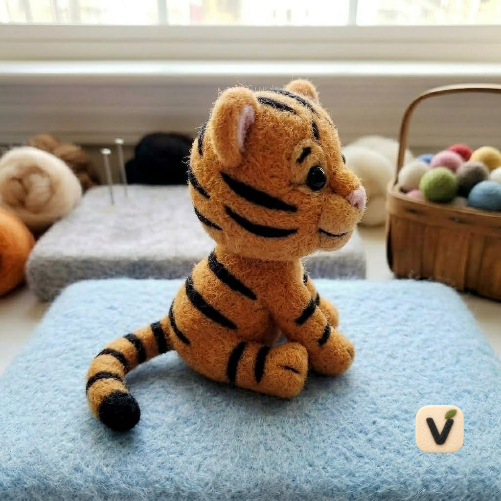 Handmade Wool Felt Sitting Tiger Cub Figurine – Cute Whimsical Wildlife Decor