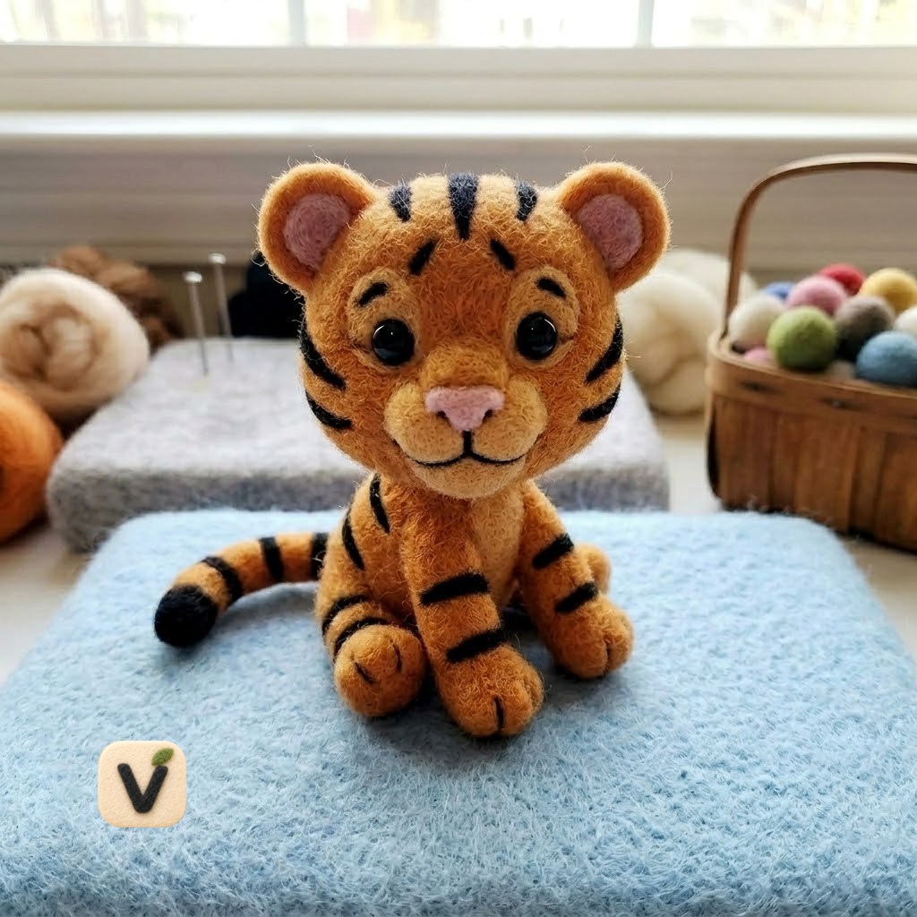 Handmade Wool Felt Sitting Tiger Cub Figurine – Cute Whimsical Wildlife Decor